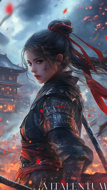 Armored kunoichi framed by burning pagoda in particle-rich dusk