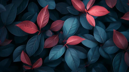 Red and blue-toned leaves form a structured overlapping pattern