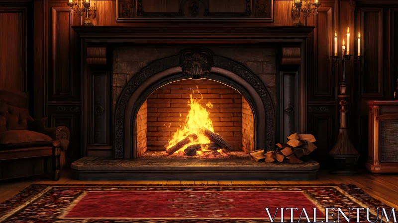 Grand neoclassical fireplace with roaring flames illuminates opulent interior space.