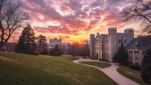 Stone campus buildings and lawn under structured sunset sky.