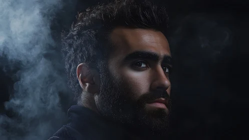 Moody low key male portrait emerges from swirling cinematic smoke