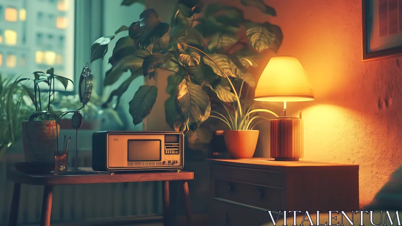 Radio glow and potted jungle in mellow sunset apartment.