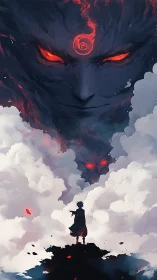 Volumetric demon apparition confronting lone anime figure.