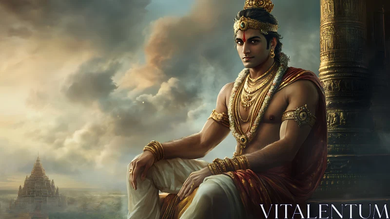 Regal Hindu prince in jeweled ornaments before temple skyline