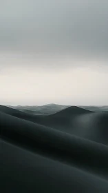 Monochrome sand dunes form soft gradient contours under fog