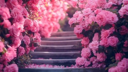 Architectural Pathway Framed by Densely Clustered Pink Camellia Blooms