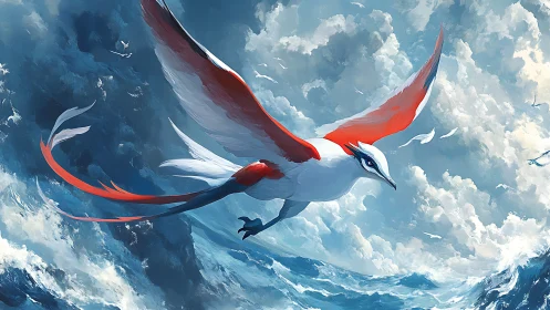 Red and white fantasy seabird soaring above rough ocean waves.