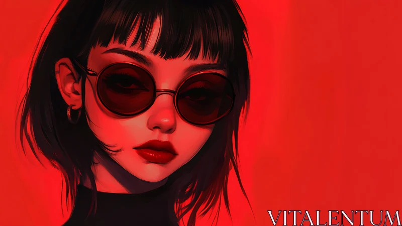 Red-lit digital portrait of woman in round sunglasses profile