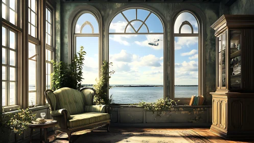 Sunlit vintage conservatory overlooking calm coastal bay.