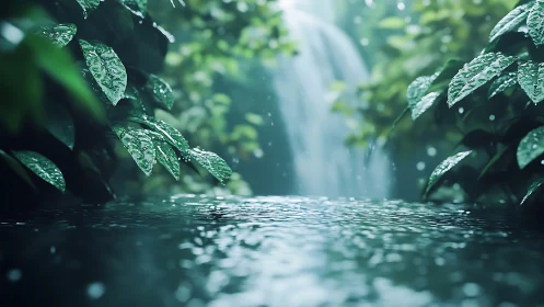 Rain-soaked jungle leaves above calm reflective water pool.