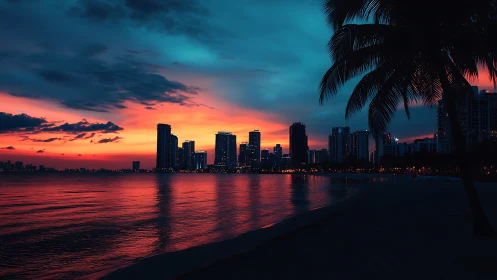 Coastal city skyline with palm silhouette at sunset.