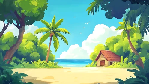 Tropical Island Beach Cottage Scene Illustration