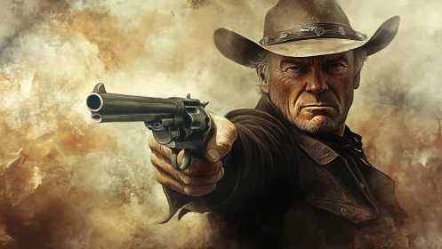 Grit-textured western gunslinger aiming revolver frontally.