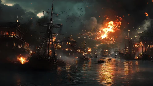 Medieval port settlement engulfed in large-scale fire and smoke.