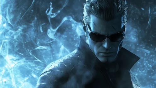 Brooding cybernetic enforcer in icy blue energy storm.