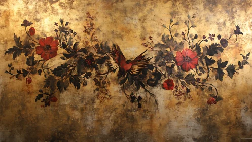 Floral mural with central bird on textured gold ground.