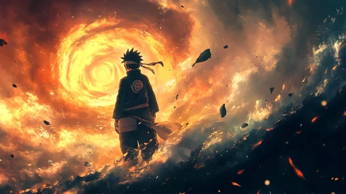 Backlit shinobi silhouette studies swirling fiery vortex dynamics