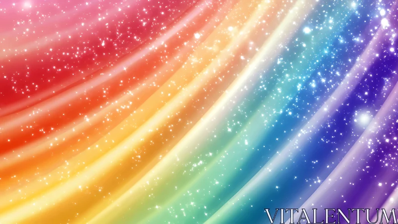 Iridescent rainbow light trails with celestial glitter field.