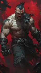 Warrior strides through crimson battlefield with cold fury