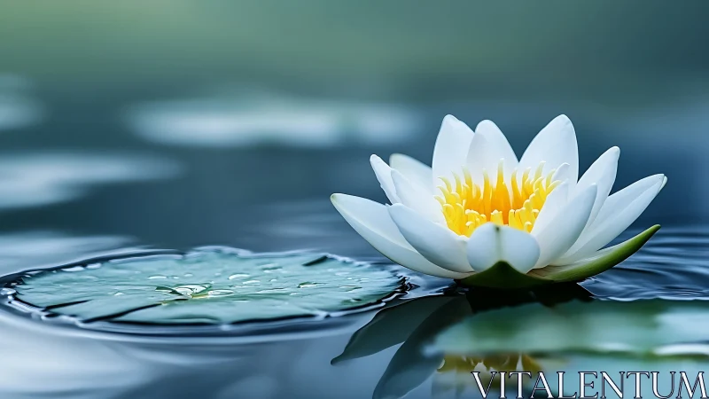 Photorealistic water lily macro on reflective still pond surface.