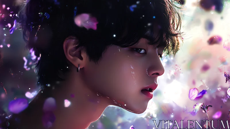 Melancholic youth amid luminous floating petals, side profile.