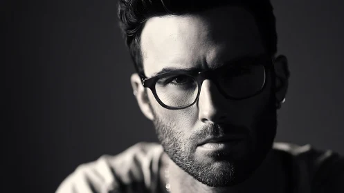 Monochrome close-up portrait of a man wearing glasses