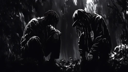 Two hooded figures kneel in a moody monochrome urban grove