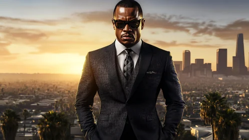 Stylish businessman stands over city at dramatic sunset.