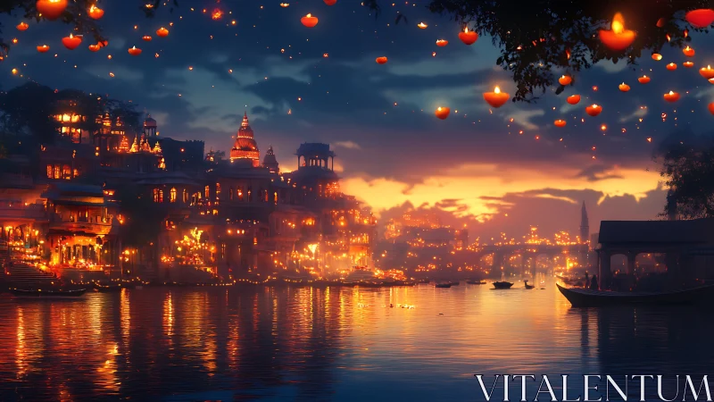 River city glows under lantern-filled twilight sky.