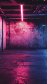 Neon-saturated concrete bay with industrial ceiling conduits.