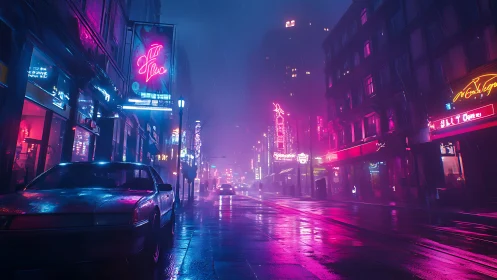 Neon-saturated rainy avenue with reflective cyberpunk luminance.