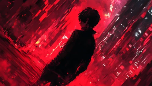 Shadowed wanderer in a neon red city storm of light.