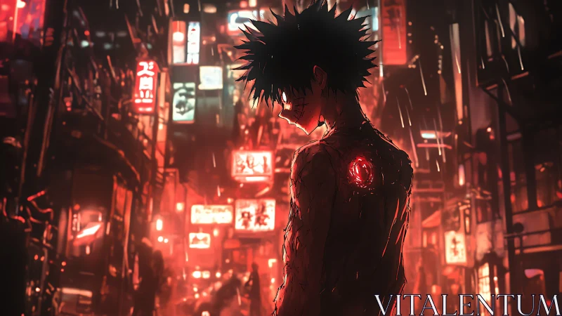 Cyborg youth stands wounded in neon dystopian alley rain