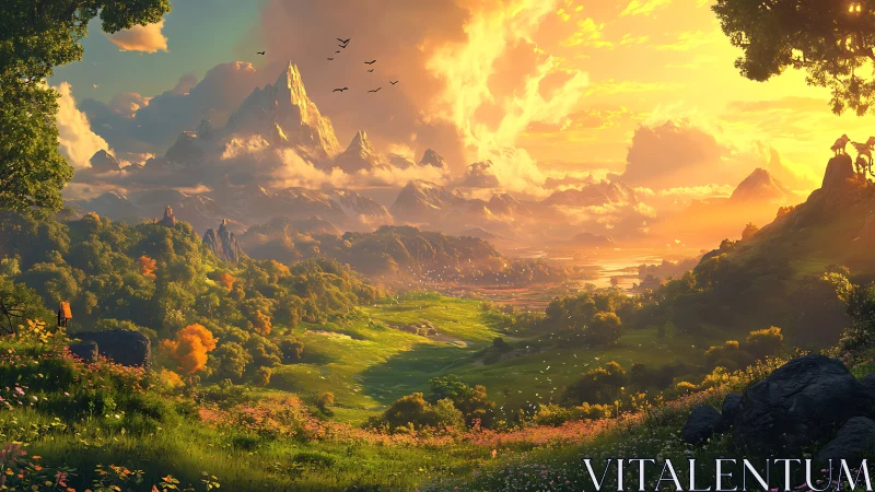 Golden fantasy valley unfolds beneath towering sunlit peaks.