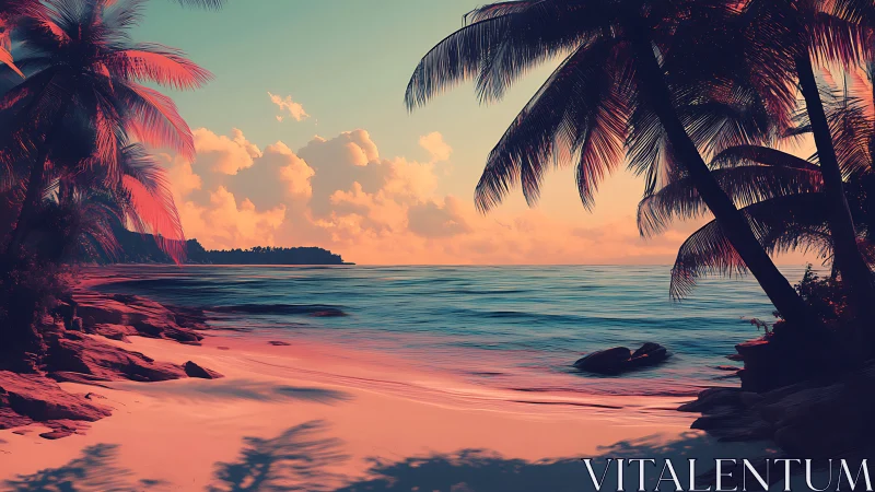 Tropical Sunset Beach with Palm Fronds and Turquoise Waters.