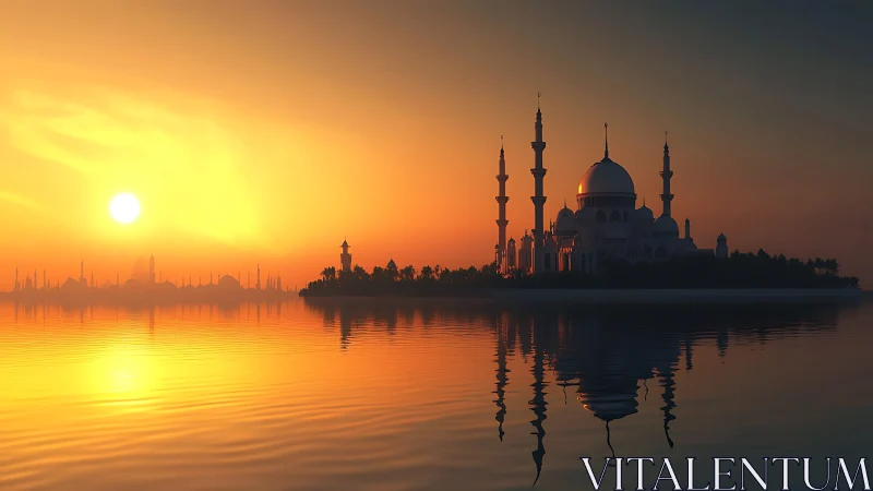 Golden sunset silhouette over tranquil mosque waterscape.