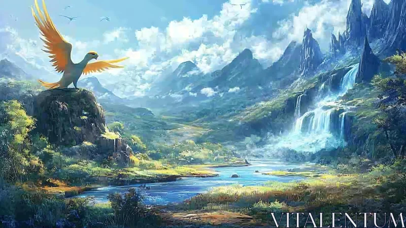 Majestic golden bird over mystical waterfall valley.