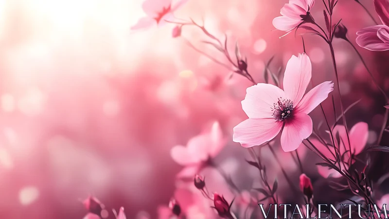 Pink cosmos flowers bloom in soft-focus garden setting