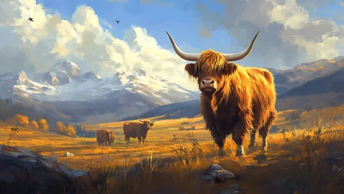 Highland cattle stand beneath snow-capped mountain giants.