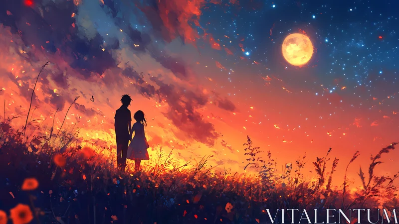 Silhouetted couple observes chromatic sunset sky under full moon