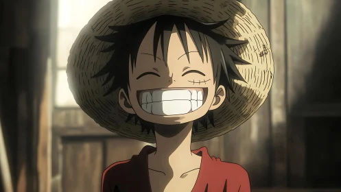 Smiling boy with straw hat stands in soft backlit interior