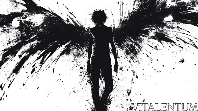 Silhouetted figure stands with ink-splatter wing forms extended