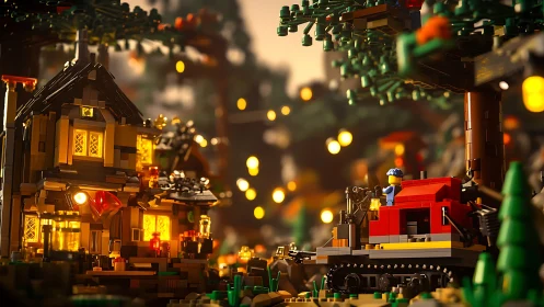 Cinematic LEGO forest cabin scene with locomotive lighting design.