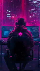 Cyberpunk coder at neon workstation in rainy night city.