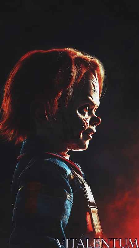 Side-lit sinister doll profile in dramatic red glow.