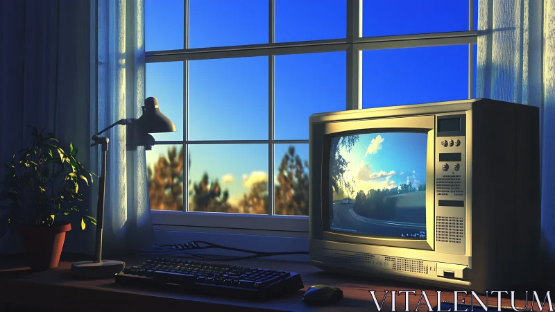 Retro CRT monitor by sunlit window in tranquil study.