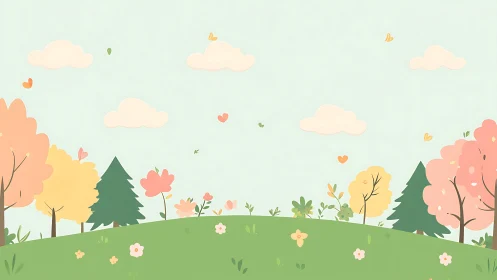 Pastel spring meadow with stylized trees and soft clouds.