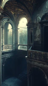 Soft morning light drifts through a grand, fading palace