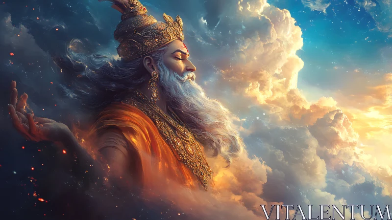Celestial sage in orange robes amid radiant luminous clouds