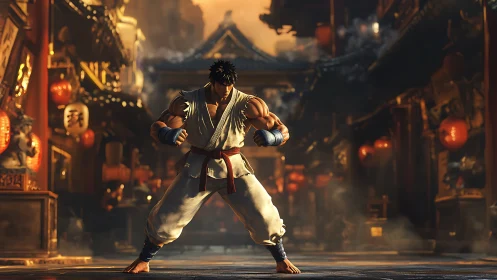 Street warrior steels his spirit in ember-lit alleyway.